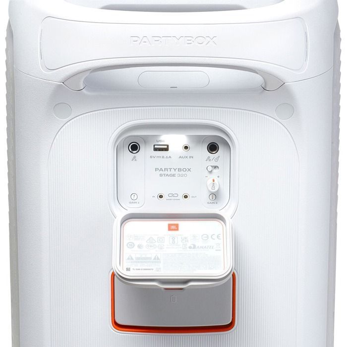 Altavoz portátil Bluetooth JBL PartyBox Stage 320 con ruedas, color blanco.