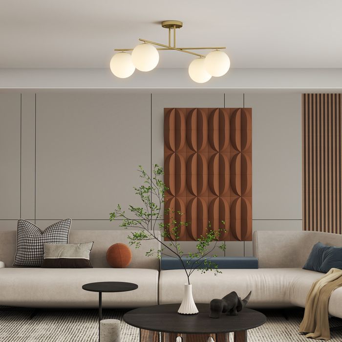 Plafonnier - HOMCOM - lustre moderne à 4 lumières avec culot E14 - montage semi-affleurant - doré et crème