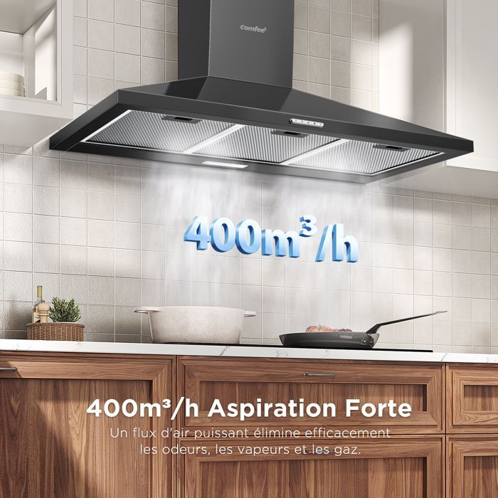 Exaustor de cozinha Comfee de 90 cm - 400 m³/h - 2 filtros de carvão ativado - 3 velocidades - Recirculação ou extração - Iluminação LED - Preto