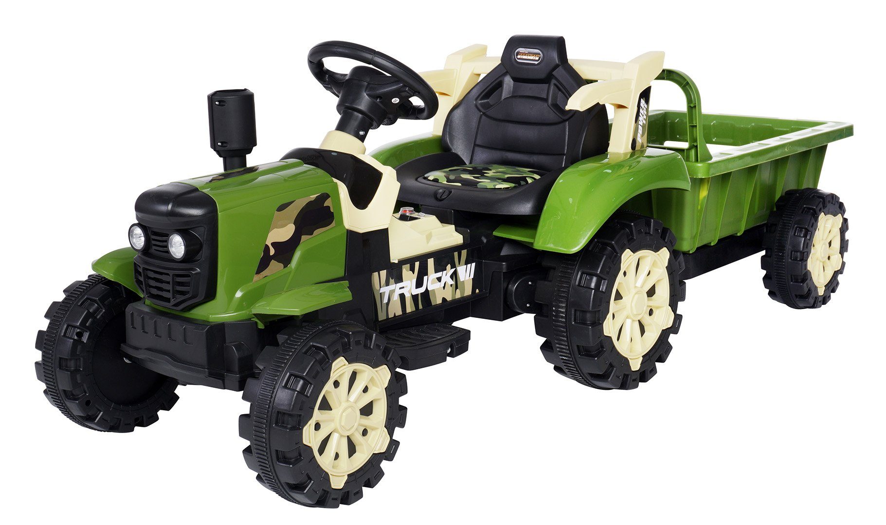 Actionbikes Motors sähköinen lastentraktori lasten sähkötraktori perävaunulla, sis. kaukosäätimen, kantavuus 30 kg, (2-osainen), 30 kg hyötykuorma - automaattijarru - 2x 6 V moottori - 3-vuotiaasta alkaen