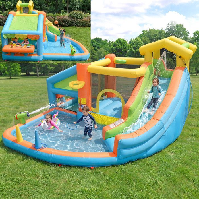 Château gonflable pour enfants - 360x350x210 cm - Multicolore - Tissu Oxford - Soufflerie 580W - Toboggan - Pataugeoire