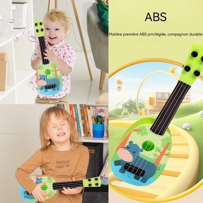 Ukulele a 4 corde in Do, 36x12x4,5 cm, chitarra giocattolo per bambini con disegno di un ippopotamo blu in stile cartone animato.