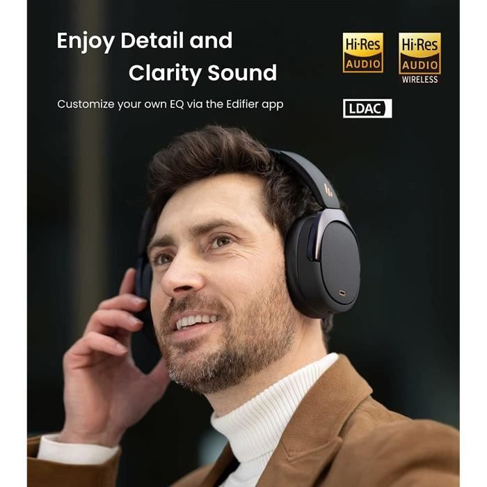 Fones de ouvido Bluetooth - EDIFIER - WH950NB - Cancelamento ativo de ruído - 55 horas de duração da bateria - Áudio de alta resolução LDAC