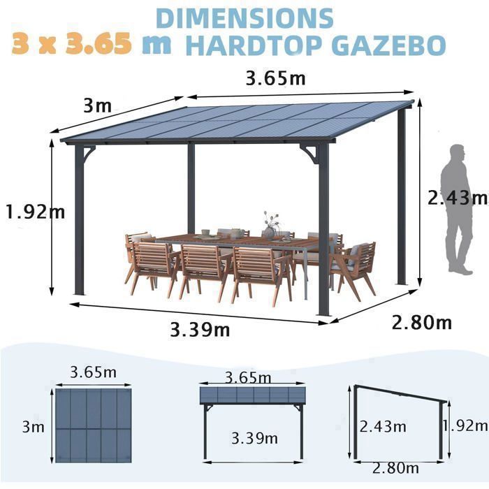 YODOLLA Pergola Murale en Aluminium et Polycarbonate - Résistante aux intempéries -  3x3.65m - Noir