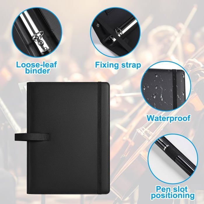 Multifunctional sheet music holder with elastic band, 3-hole faux leather sheet music holder for choir, music note document holder