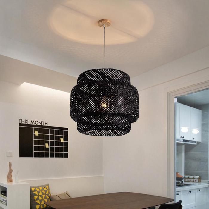 WOTTES Lustre Suspension Luminaire, Suspension Bambou Rotin, Noir, Ø30*35cm, 1PCS pour Chambre Salle à Manger Cuisine