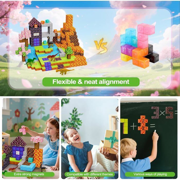 Juego de 100 bloques de construcción magnéticos - Juguete magnético para armar con 4 dinosaurios - Regalo para niños de 3, 4, 5, 6, 7 y 8 años.