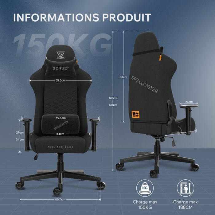 SENSE7 Spellcaster Senshi – Sedia da gaming – Ergonomica – Regolabile in altezza – Portata massima 150 kg/185 cm – Nera e arancione