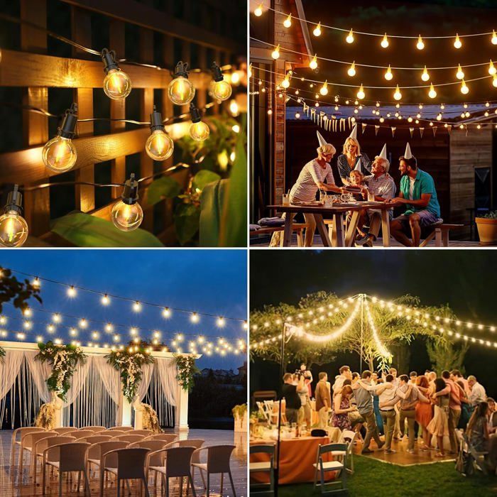 Guirnalda de luces LED para exteriores de 32,7 m con 50+3 bombillas G40, clasificación IP54, irrompible, luz blanca cálida.