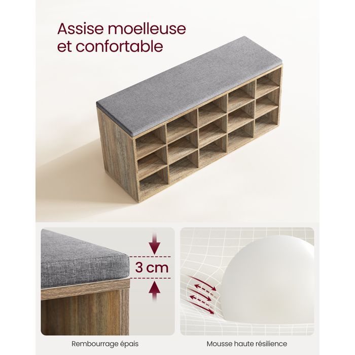 VASAGLE Banc à Chaussures, Organiseur de Chaussures avec 15 Compartiments, Siège Rembourré, Marron Turquoise et Gris Tourterelle