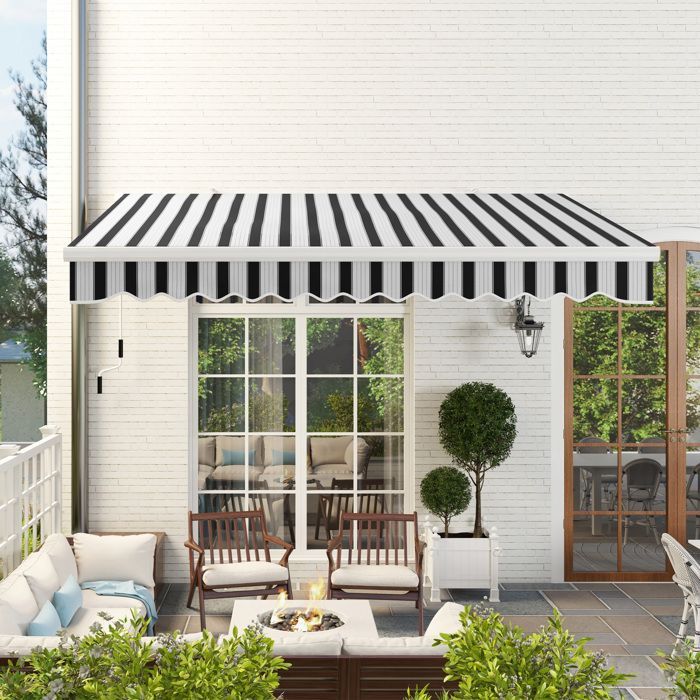 Toldo manual retráctil de 395 x 245 cm - Outsunny - manivela, poliéster de 280 g/m² con protección UV, aluminio - azul y blanco
