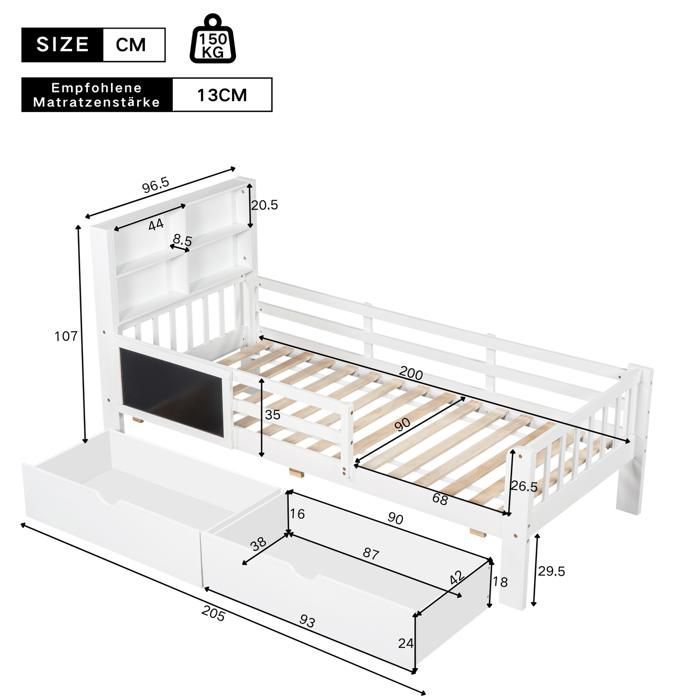Kinderbed van 90x200 cm met combinatiemogelijkheid, stevig frame met praktische opbergruimte en speels design.