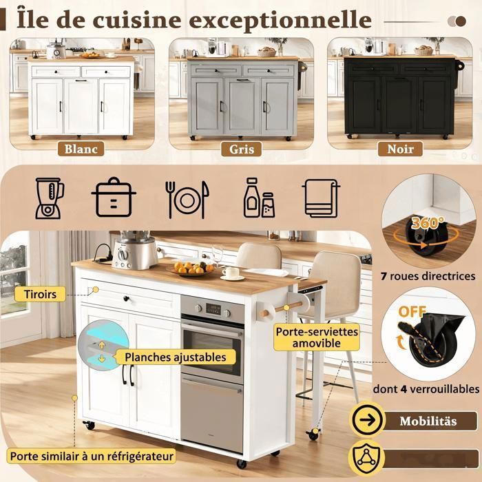 Isla de cocina móvil sobre ruedas: zona de comedor extensible, encimera, compartimento para cubos de basura (blanca)