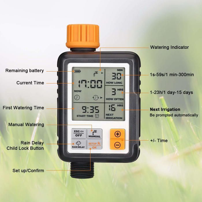 Programmateur d'arrosage automatique étanche pour goutte-à-goutte - Minuteur multifonctions (orange)