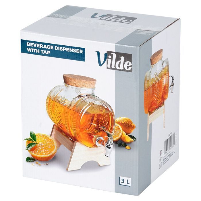 Dispensador de bebidas VILDE de 3 litros con grifo - Cristal grueso - Soporte de bambú - Tapa de corcho - Diseño de piña