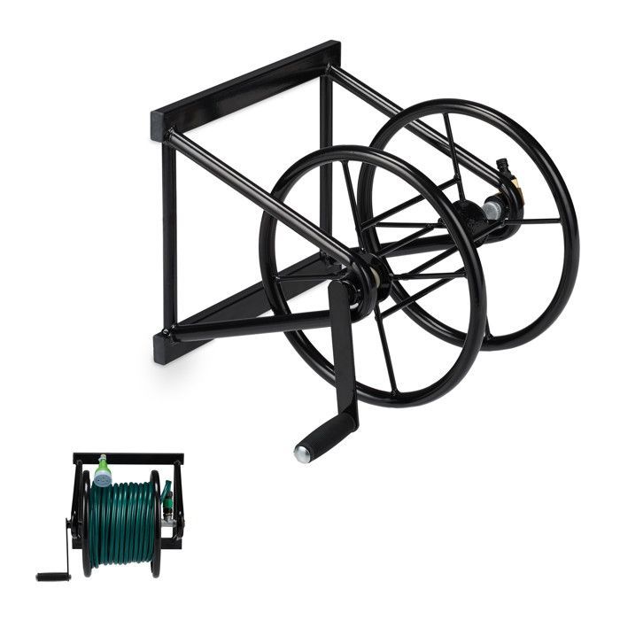 Relaxdays Enrouleur mural de tuyau, Tambour enrouleur tuyau d’arrosage manivelle, 60 m long, en acier,HlP 36x53x50 cm