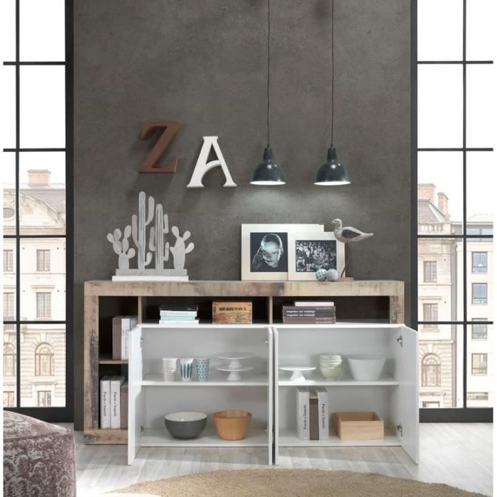 Buffet MAESTRO - Panneaux de particules - Effet Bois Vintage et blanc Laqué - 4 portes - L 184 x P 42 x H 93 cm