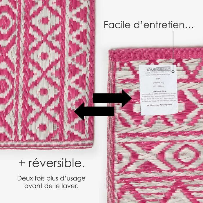 Tapis extérieur jardin imperméable, réversible et résistant UV - Tia - 180x270 cm - Rose - Matériaux recyclés - Homescapes