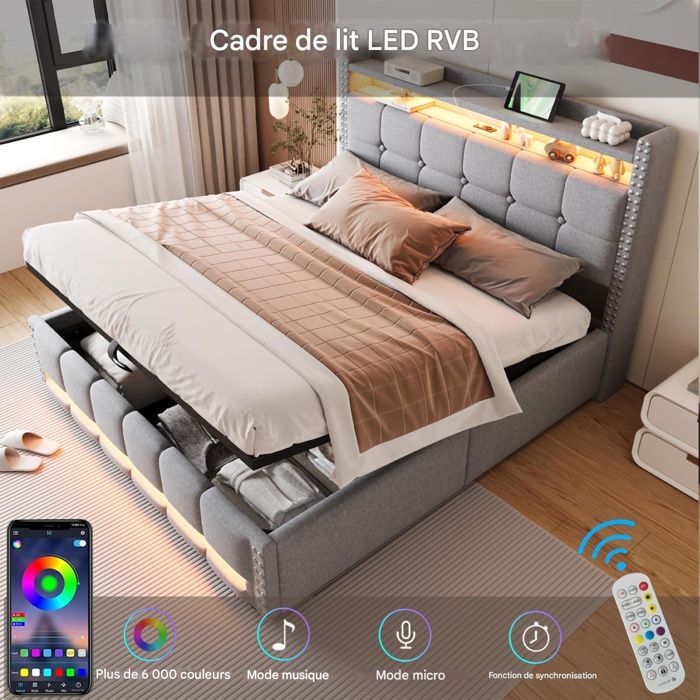 Cama con almacenamiento de 160 x 200 cm, cama de 160 x 200 cm con somier de láminas, cama doble tapizada, cama para 2 personas con somier de láminas de madera, ropa de cama gris claro