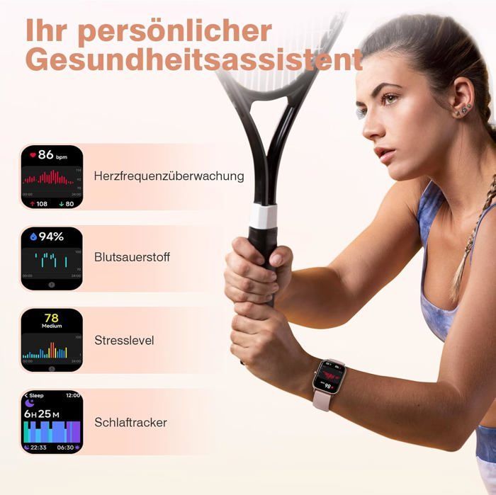 Women's Smartwatch, Bluetooth 5.0 Activity Tracker with Heart Rate, Pedometer, Sleep Monitor, and Music Control