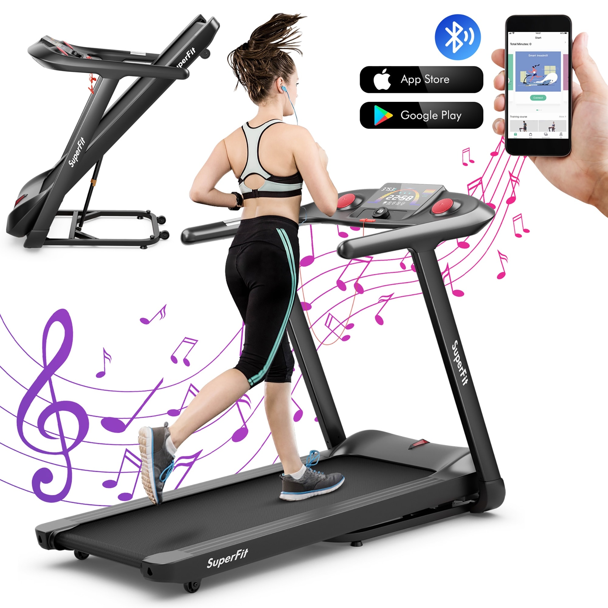 SuperFit 4,75 pk opklapbare loopband met voorgeprogrammeerde trainingsprogramma's en touchscreen - 64'' x 30'' x 45''