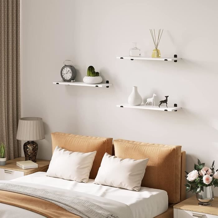 Set di 3 mensole a muro EUGAD, mensole sospese, 60x20x7 cm, MDF e ferro, bianche.