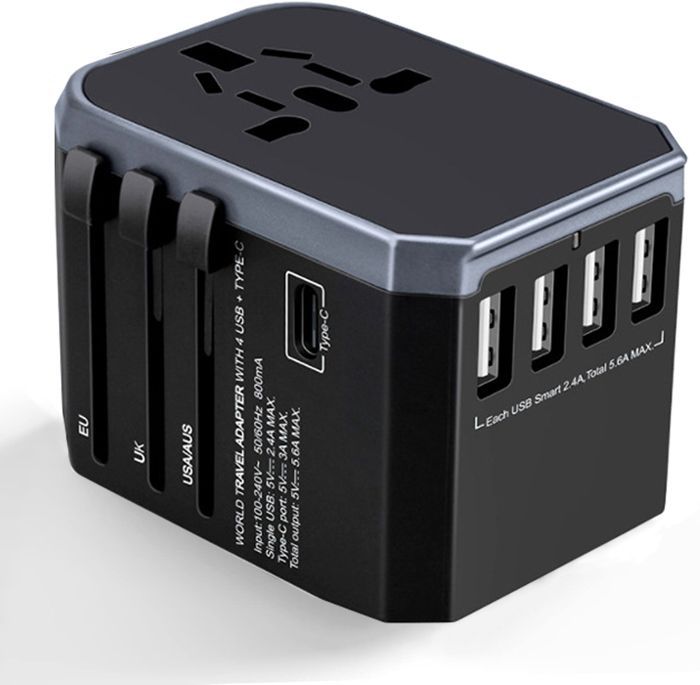 Adaptador de viaje todo en uno con 4 puertos USB de 5,6 A y 1 puerto USB-C, adaptador de enchufe universal esmerilado (de Francia a Reino Unido y EE. UU.).
