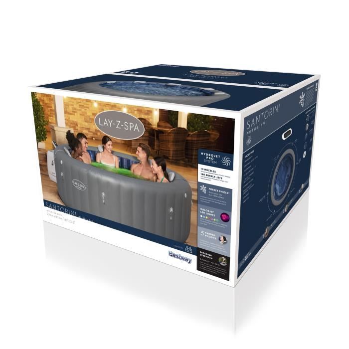 Spa hinchable BESTWAY - Lay-Z-Spa Santorini - Capacidad para 5 a 7 personas - Redondo (Incluye 5 reposacabezas acolchados + 2 luces LED de agua ColorJet)