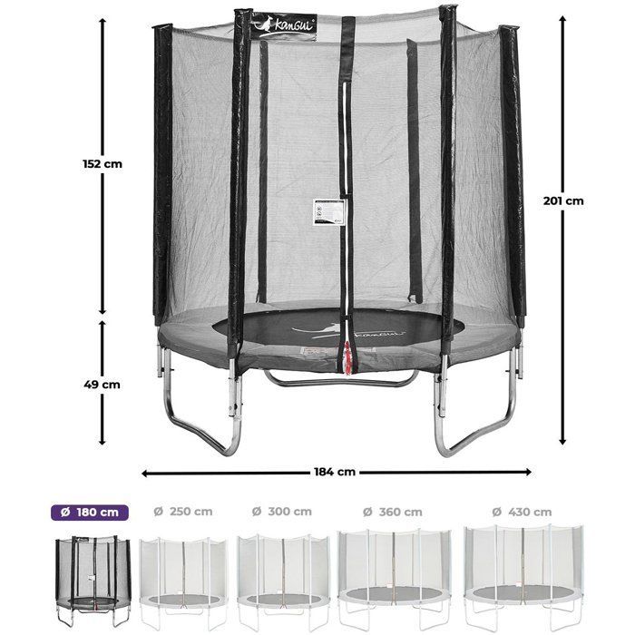 Trampoline KANGUI - GRIS Ø 180‑183 cm – Enfant – Filet de sécurité – Certification CE & NF EN 71–14