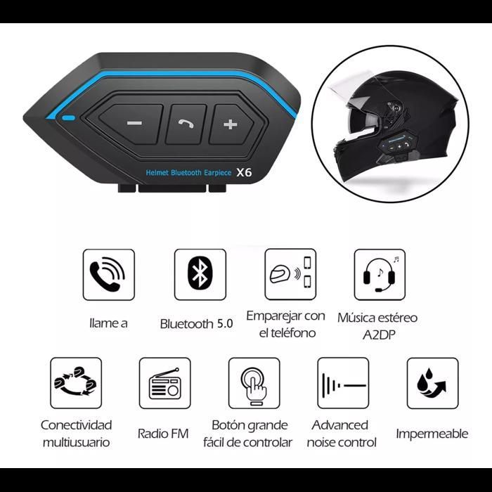 Intercomunicador Bluetooth 5.0 para motocicleta, kit de auriculares Bluetooth para intercomunicador de casco de motocicleta - Azul/Negro