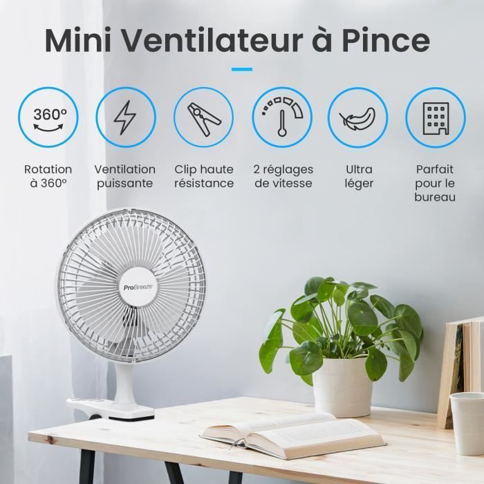 Ventilador portátil Pro Breeze Mini con clip - 2 velocidades, 15 cm - Pequeño, portátil, silencioso - para el hogar, la mesa y la oficina