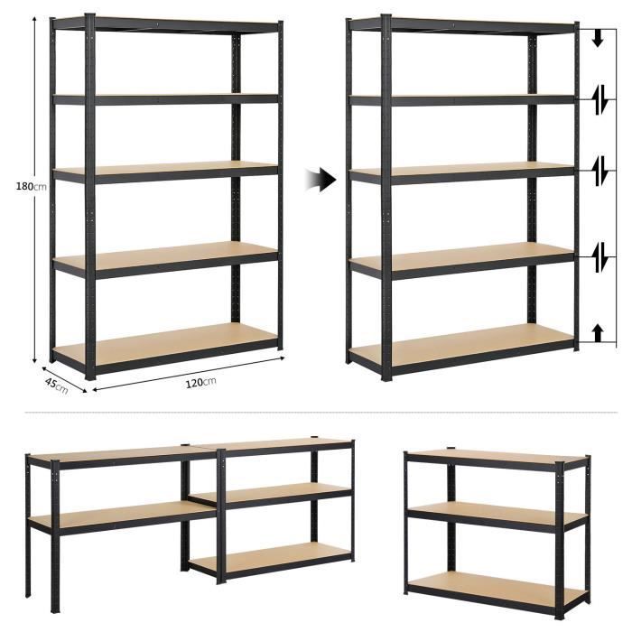 Estantería de almacenamiento resistente Yaheetech de 180 x 120 x 45 cm para garaje, cocina o taller. Fabricada en metal negro. Carga máxima total: 875 kg.
