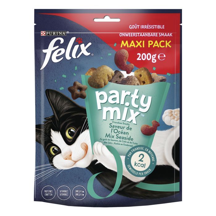 Mix de petiscos para gatos FELIX Party Mix Sabor Oceano: Salmão, Pollock, Truta - 5 pacotes de 200g
