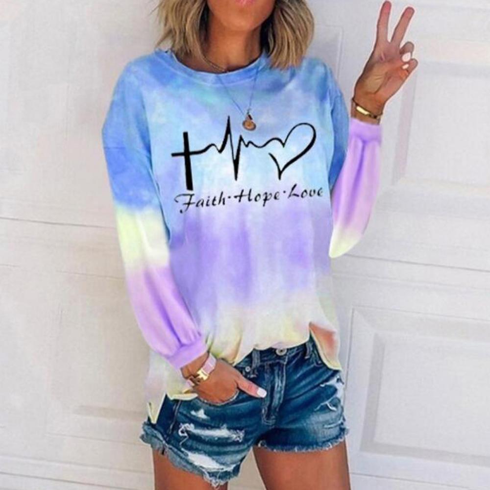Abbigliamento autunnale alla moda per donna, felpa con stampa tie-dye a maniche lunghe con scollo a O, camicetta taglie forti da donna, blusa