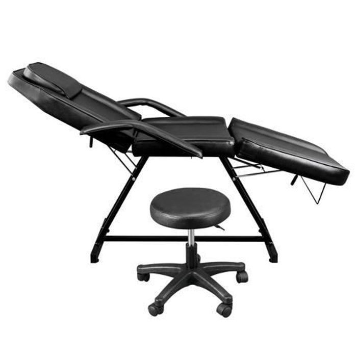 Lettino da massaggio pieghevole 186 x 82 x 70 cm, lettino da salone di bellezza con sgabello, nero.