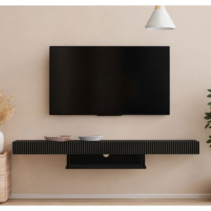 Meuble TV Suspendu 150cm RENZO Noir Mat - Façades Relief 3D Strié - Tiroir Central et Niche Multimédia - Design Mural Industriel