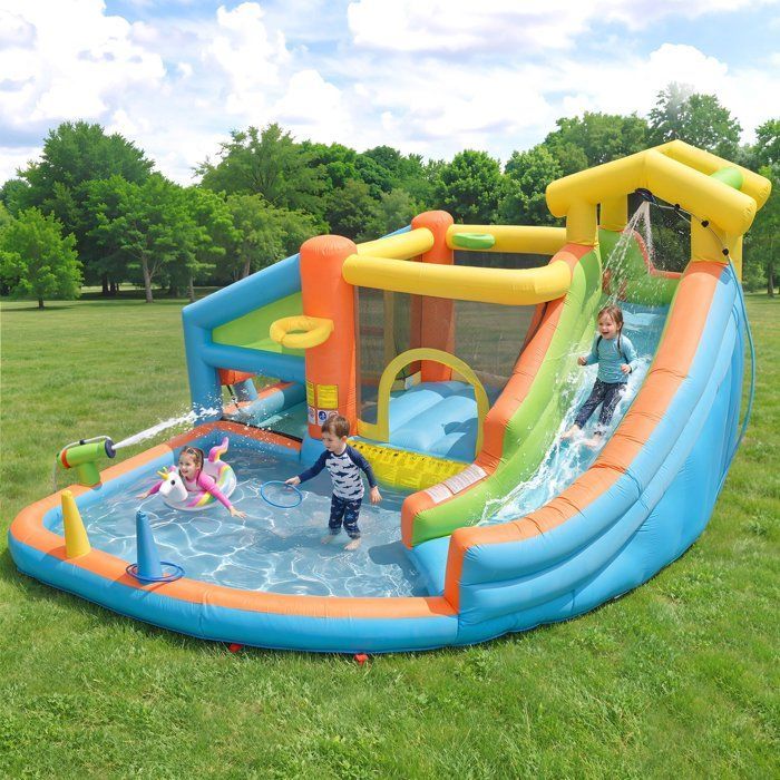 Aufblasbare Burg für Kinder, Wasserpark, aufblasbarer Spielbereich mit 580-W-Gebläse, Rutsche, Pool und Wasserpistole für Kinder von 3 bis 10 Jahren
