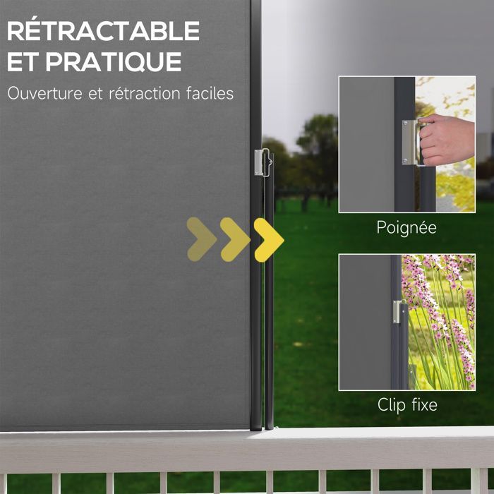 Toldo lateral Outsunny retráctil de 3 x 1,4 m con estructura de aluminio y tejido de poliéster de alta densidad (180 g/m²) resistente a los rayos UV, color gris oscuro.