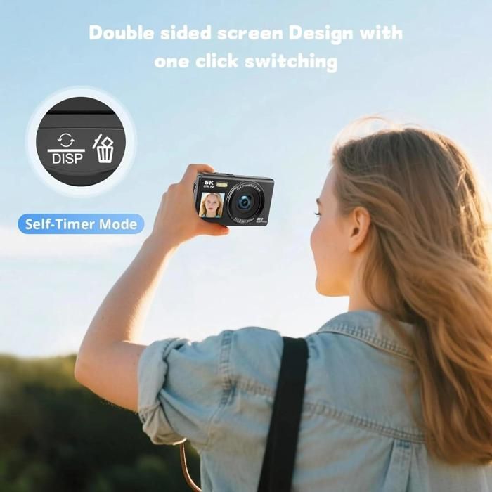 Cámara digital 5K Ultra HD de 80 MP - Pantalla dual para selfies - Zoom 18x - Wi-Fi integrado - Tarjeta de 64 GB incluida - Mini videocámara negra