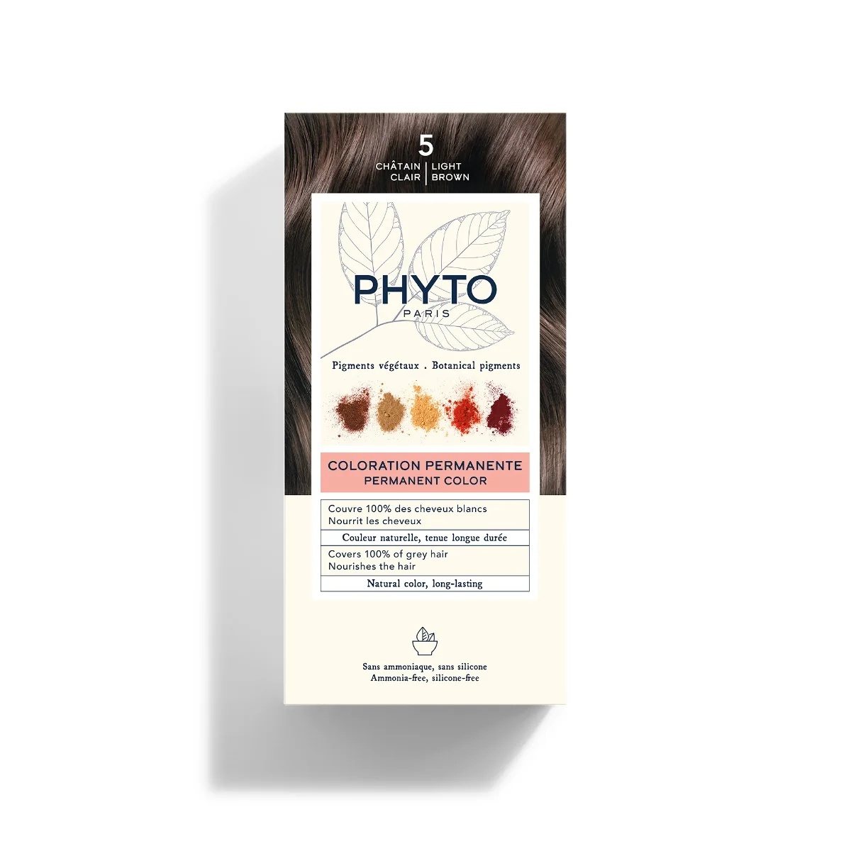 PHYTO Phytocolor 5 Castanho claro permanente sem amônia, cobertura de 100% dos cabelos brancos.