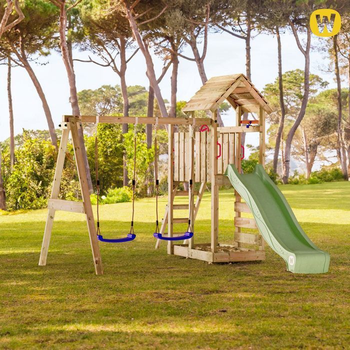 WICKEY MultiFlyer houten speelstructuur met houten dak, dubbele schommel en glijbaan van 220 cm, rood – 10 jaar garantie*