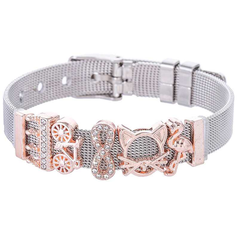 Pulseiras de malha de aço inoxidável com pingente de strass da Crowm Jewelry. Pulseiras finas com desenho de gato e bicicleta para mulheres.