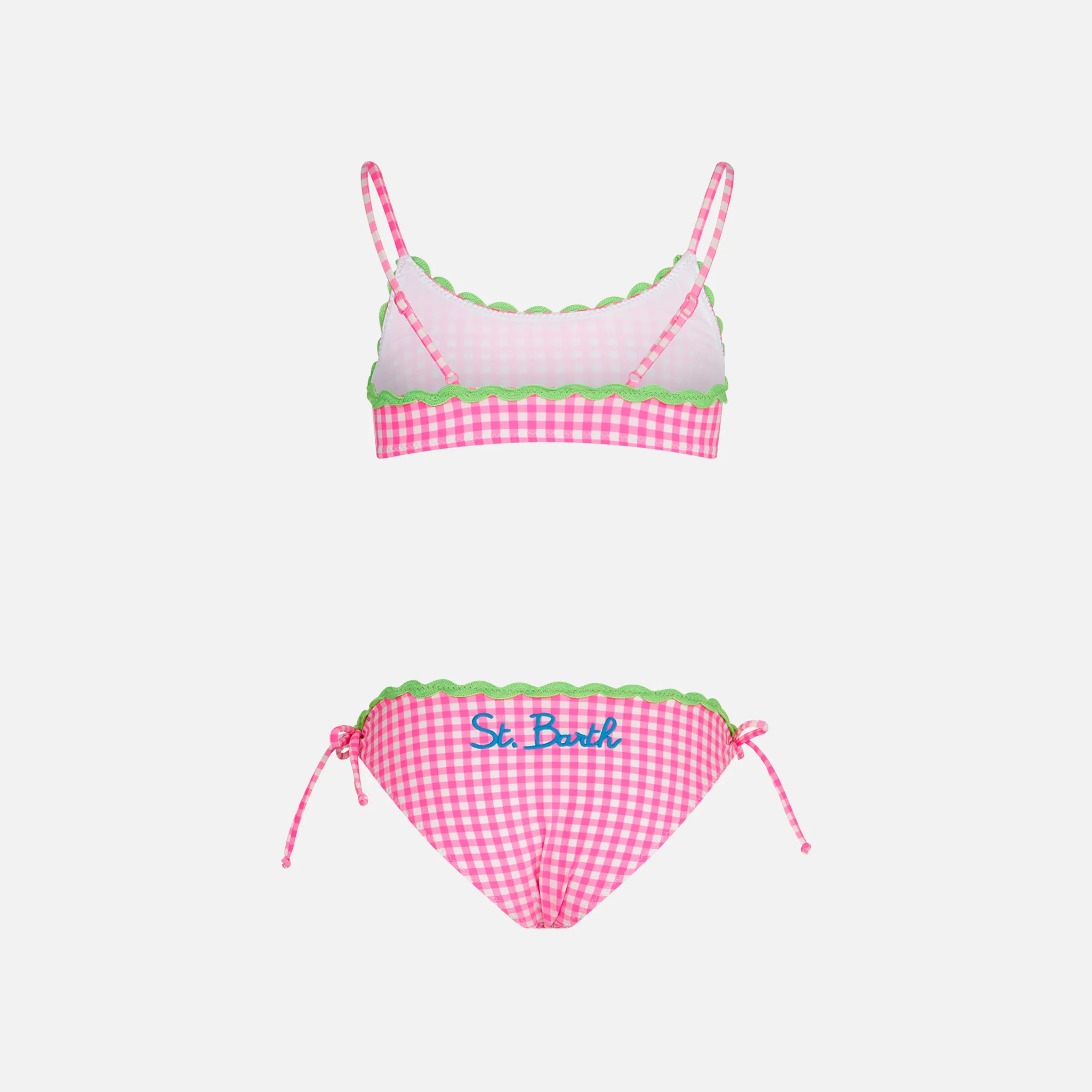 Bikini da bambina a bralette con fantasia Vichy bianca e fucsia
