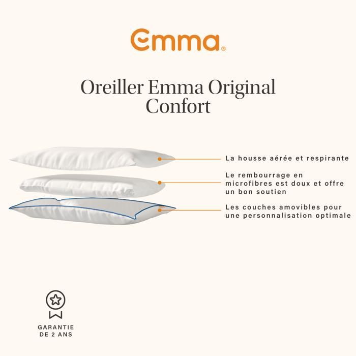 EMMA | Oreiller Emma Original Confort 60x60 cm | Doux et Moelleux | Soulage La Pression | Hauteur Adaptable | Hypoallergénique