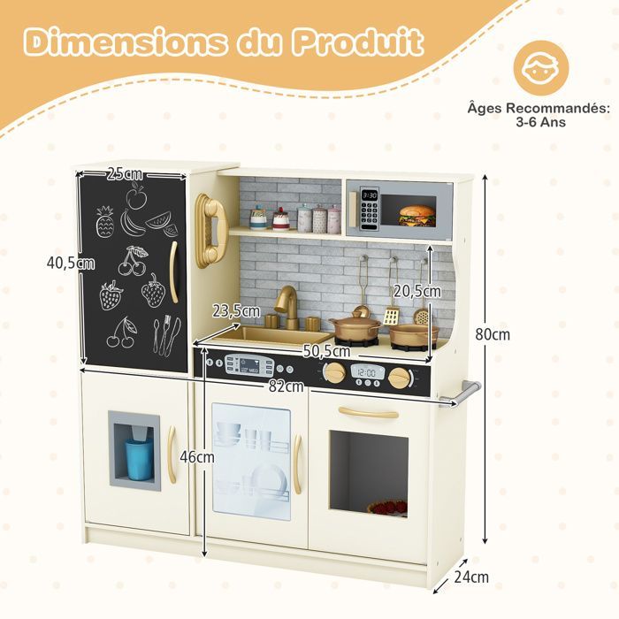 Cocina de juguete de madera COSTWAY para niños de 3 a 6 años con teléfono, pizarra, microondas, máquina de hielo y 7 accesorios - Beige