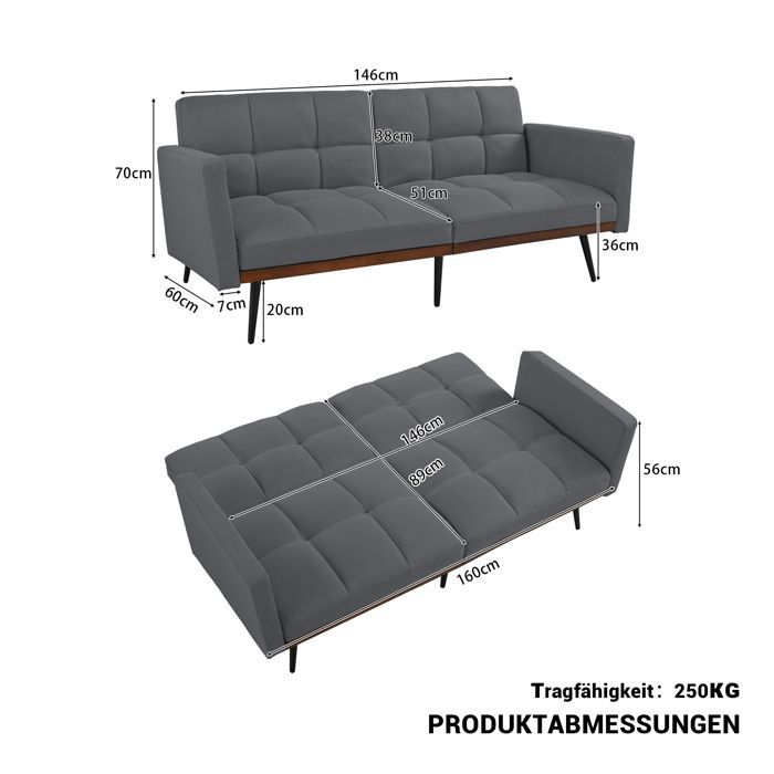 Canapé futon 2 places dossier réglable 5 positions gris FloraGrace