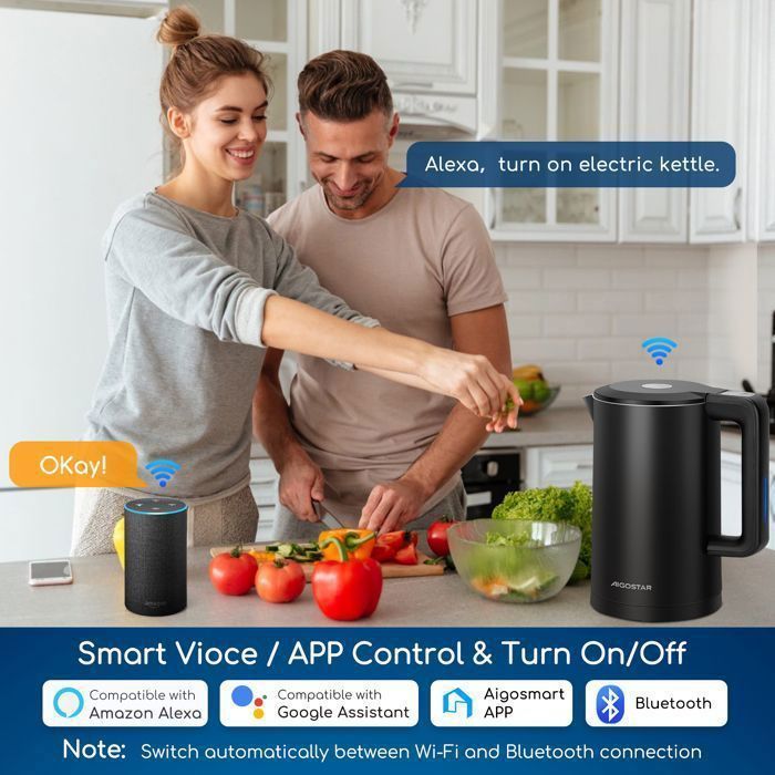 Aigostar slimme waterkoker 1,7 liter met cool touch-functie, instelbare temperatuur, compatibel met Alexa en Google Home, houdt water tot wel 24 uur warm.