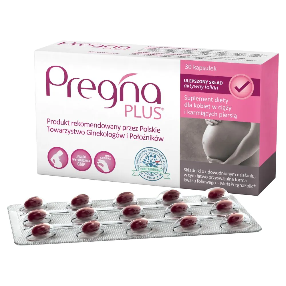 Pregna Plus, Suplement diety dla kobiet planujących ciążę, w ciąży i karmiących piersią, Kapsułki