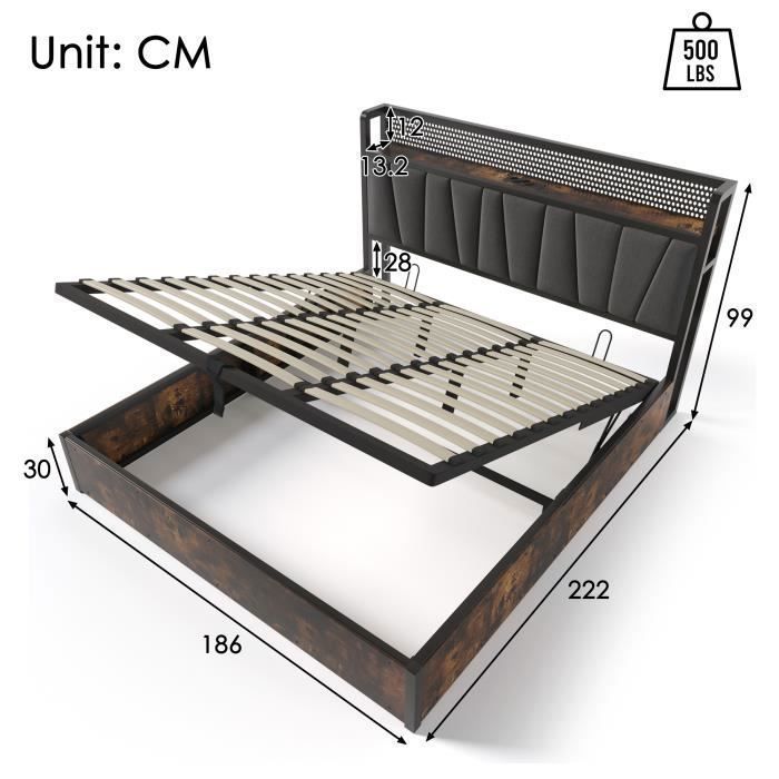 Lit double 180x200 cm, Lit coffre - Tête de lit avec USB - Éclairage LED - Gris