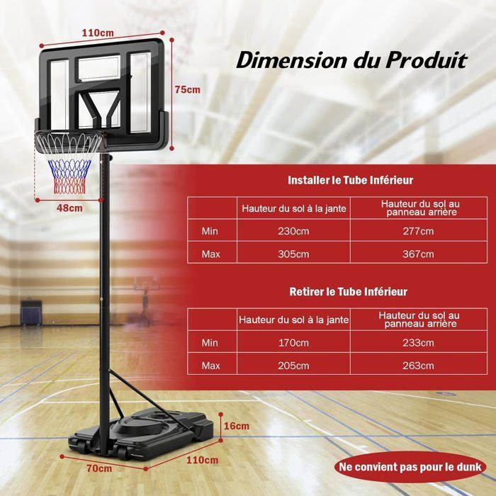 Aro de baloncesto independiente para adultos COSTWAY - 12 niveles, alturas de 2,32 a 3,05 m - Tablero irrompible de 110 cm - Almacenamiento de balones